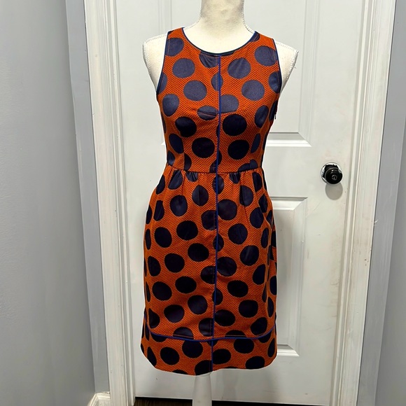 Anthropologie Maeve Rokin Dress Polka Dot Sleeveless Cross Back Blue Orange Sz 0 - Picture 1 of 11